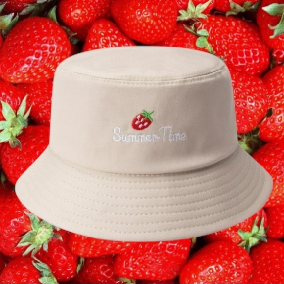 ROMWE Accessories - 🍓ROMWE Cream “Summertime” Bucket Hat w/ Strawberry Detail (Adult Size)🍓